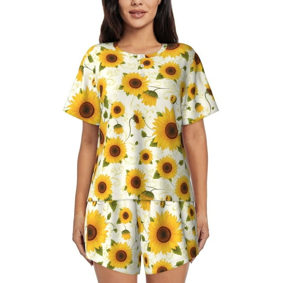 Honeii European-style Pattern Sunflower A for Women's Summer Pajama Set featuring Soft Short Sleeve Shirt & Matching Bottoms with Convenient Pockets for Relaxed Home Wear-4X-Large