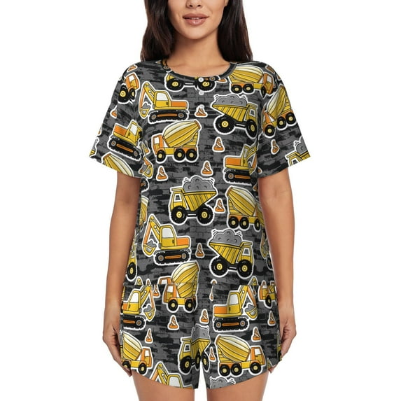 Honeii Excavator At Work for Women's Summer Pajama Set featuring Soft Short Sleeve Shirt & Matching Bottoms with Convenient Pockets for Relaxed Home Wear-Medium
