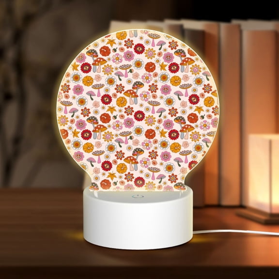 Honeii Fall 70s Groovy Hippie Print Acrylic LED Night Lamp,Round Touch-Control Night Light with 3 Lighting Modes,for Bedrooms, Living Rooms, and Gifting