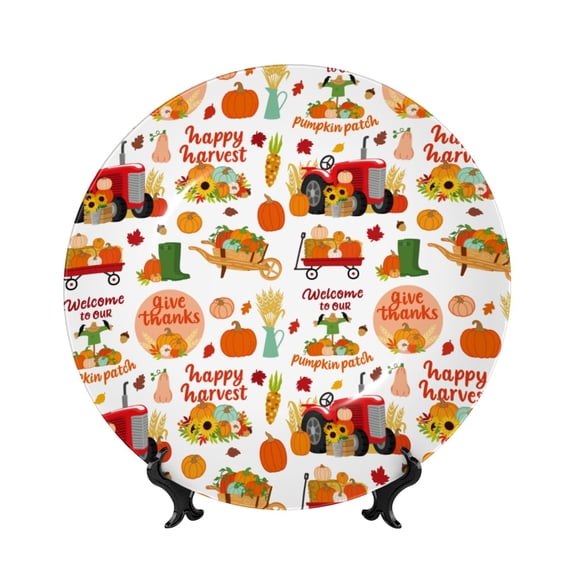 Honeii Fall Farm Pumpkin Print Elegant Bone China Decorative Plate, Porcelain Plate,Art Crafts,Ceramic Ornaments for Home Office Wall Decor-8in