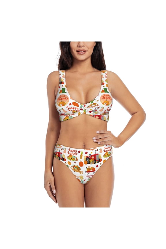 Fall Farm Pumpkin Print Women’s Bikini Set,Two Piece Swimsuit Bathing Suits,Stylish High Elasticity Swimwear for Beach and Pool