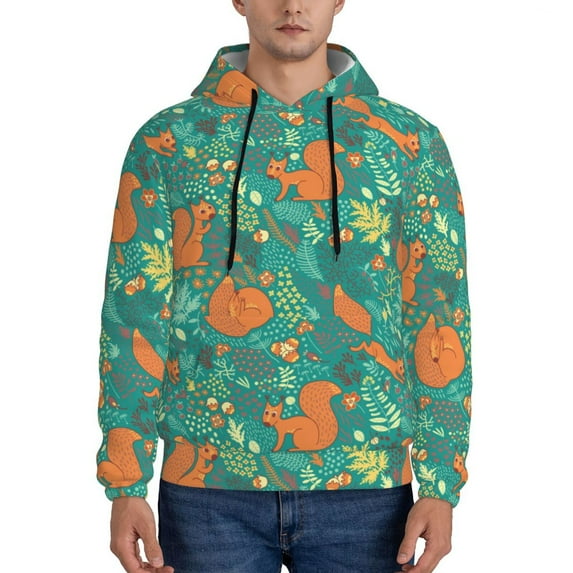 Honeii Fall Forest Squirrel Pattern Mens Hoodies Men's Loose Sleeve Sweatshirt,Pullover Hooded Sweatshirt for Men,Essentials Hoodie-Large