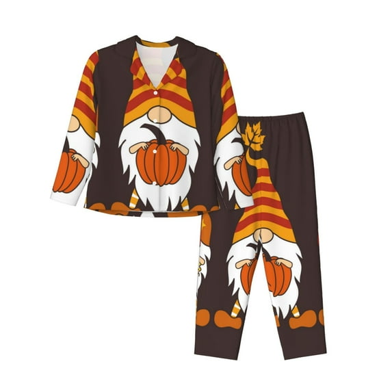 Honeii Fall Gnomes print Women's Pajama Sets Long Sleeve Button Down Sleepwear Nightwear Soft Pjs Lounge Sets-Large