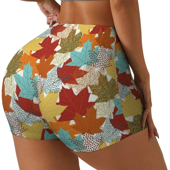 Honeii Fall Maple Leaves Print Women's Workout Shorts, Gym Shorts for Active Wear, Sports Shorts,Women's Running Shorts,Quick Dry Athletic Shorts-X-Large