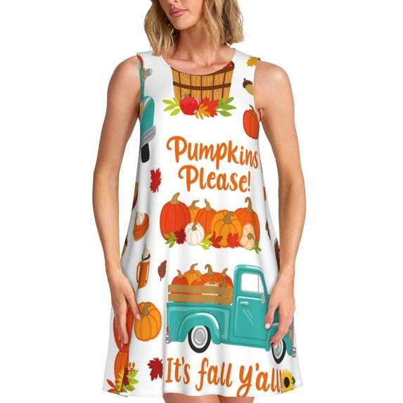 Honeii Fall Pumpkins Print Women's Sleeveless Dress, Loose Fit Casual Dress for Women, Summer Fashion Dress