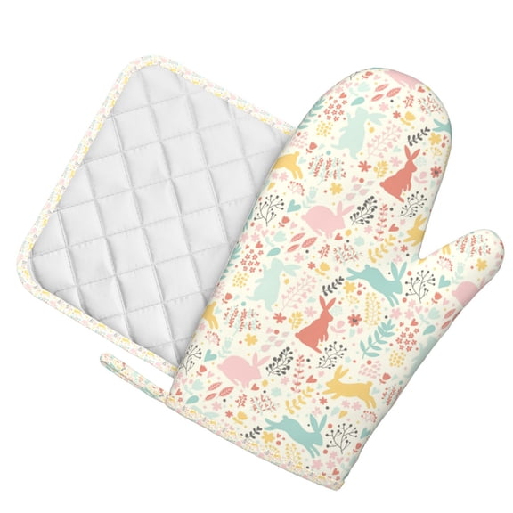 Honeii Fall Rabbit patten Oven Mitts and Pot Holders Sets, Baker Oven Mitts, Mittens for Kitchen Decor, Baking Lover over Gloves Gifts
