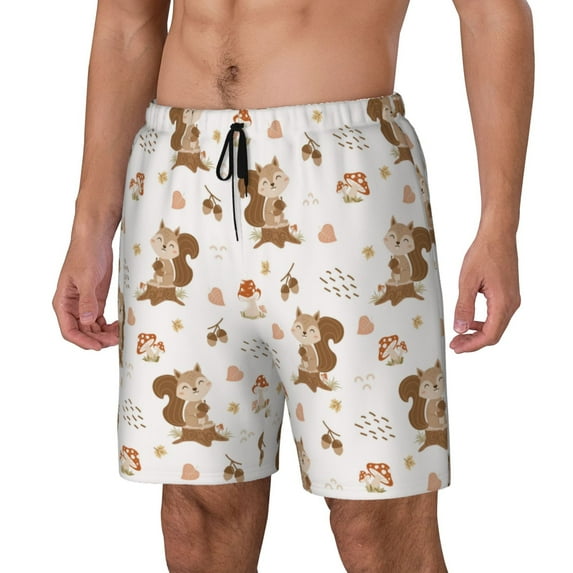 Honeii Fall Squirrel Print Men's Swim Shorts,Mens Swim Trunks,Breathable Mesh Beach Shorts for Swimming,Surfing, and Beach Activities-X-Large