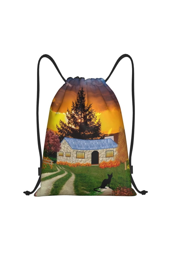 Fall Village Scenery Print Drawstring Backpack,Drawstring Bags String Backpack Gym Cinch Sack Backpack Sport Bag Draw-Small