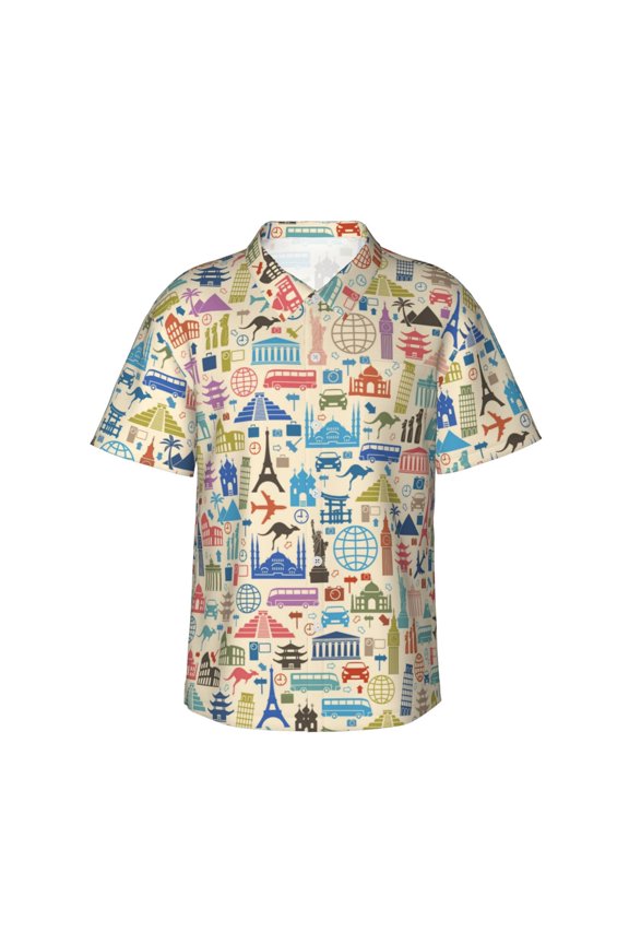 Famous Places Print Men’s Hawaiian Shirt,Classic Button-Down Short Sleeve Shirt, for Beach, Vacation, and Outdoor Activities,3X-Large