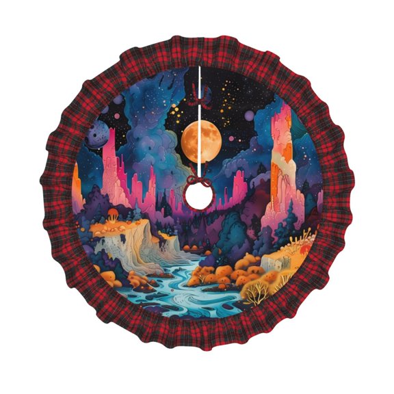 Honeii Fantasy Cosmic Landscape Pattern Christmas Tree Skirt, Christmas Ribbon Holly Winter Holiday Tree Mat Decoration-48"