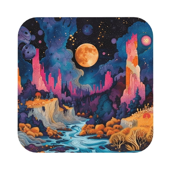 Honeii Fantasy Cosmic Landscape Print Leather Coaster Set of 6, Ideal for Safeguarding Your Furniture from Drinks Spills and Effortless Cleanup,Square