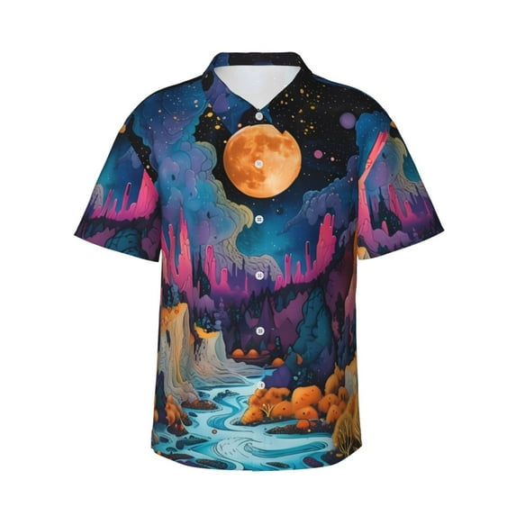Honeii Fantasy Cosmic Landscape Print Men’s Hawaiian Shirt,Classic Button-Down Short Sleeve Shirt, for Beach, Vacation, and Outdoor Activities,X-Large