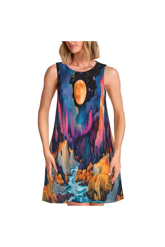 Fantasy Cosmic Landscape Print Women's Sleeveless Dress, Loose Fit Casual Dress for Women, Summer Fashion Dress