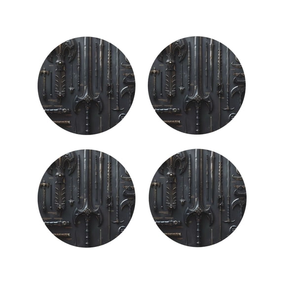 Honeii Fantasy Medieval Weaponry Print Leather Coaster Set of 4, Ideal for Safeguarding Your Furniture from Drinks Spills and Effortless Cleanup-Round Shape