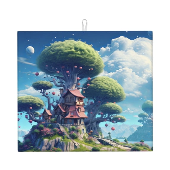 Honeii Fantasy Treehouse Planet Scene for Dish Drying Mat for Kitchen Counter, Non-slip Rubber Backed, Hide Stain Kitchen Super Absorbent Draining Mat, Dish Rack Pad
