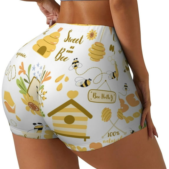 Honeii Farm Bee Cute Honey Print Women's Workout Shorts, Gym Shorts for Active Wear, Sports Shorts,Women's Running Shorts,Quick Dry Athletic Shorts-Medium