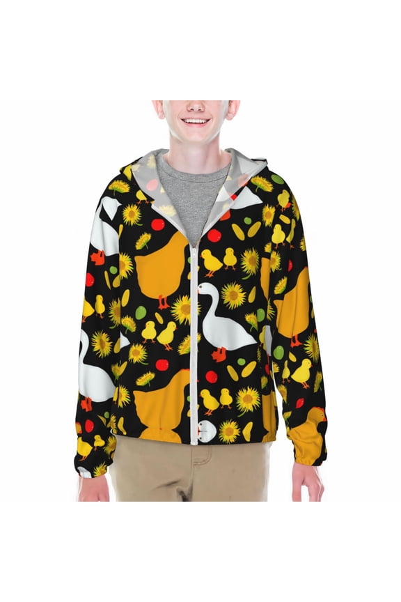Farm Goose Print Sun Protection Jacket Hooded Cooling Shirt with Pockets Hiking Outdoor Performance-Small