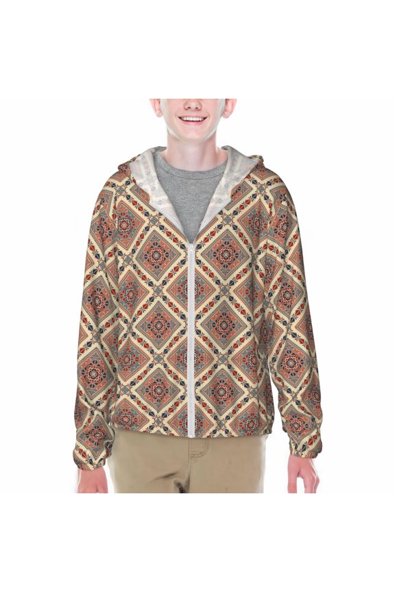 Fashion Tatreez Print Sun Protection Jacket Hooded Cooling Shirt with Pockets Hiking Outdoor Performance-Small