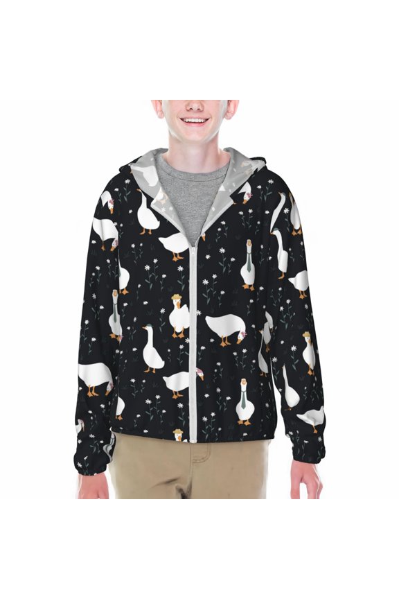 Fashionable Goose Print Sun Protection Jacket Hooded Cooling Shirt with Pockets Hiking Outdoor Performance-Large