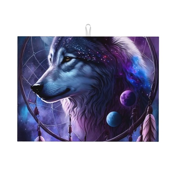 Honeii Feathered Wolf print Super Absorbent Coffee Bar Mat Hide Stain Coffee Maker Mat for Countertops Coffee Pot Dish Drying Mat for Kitchen Counter