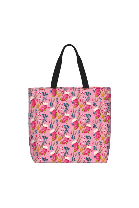 Festive Christmas Stocking Cheer Print Tote Bag, Reusable Grocery Shopping Bag,Shoulder Bag with Inner Pocket