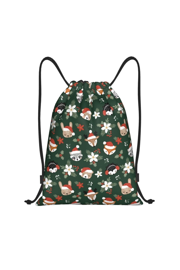 Festive Forest Friends Print Drawstring Backpack,Drawstring Bags String Backpack Gym Cinch Sack Backpack Sport Bag Draw-Small