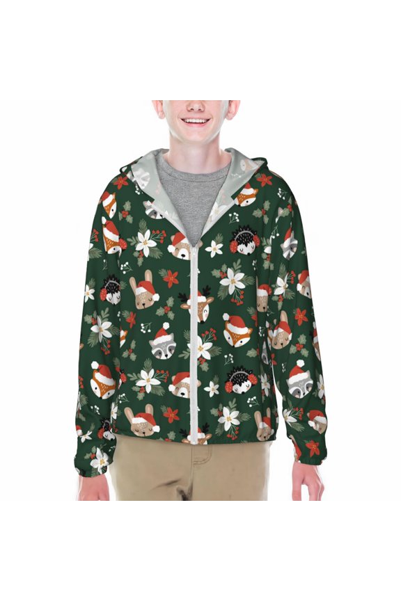 Festive Forest Friends Print Sun Protection Jacket Hooded Cooling Shirt with Pockets Hiking Outdoor Performance-X-Large