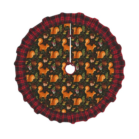 Honeii Festive Squirrels Dark Forest Pattern Christmas Tree Skirt, Christmas Ribbon Holly Winter Holiday Tree Mat Decoration-