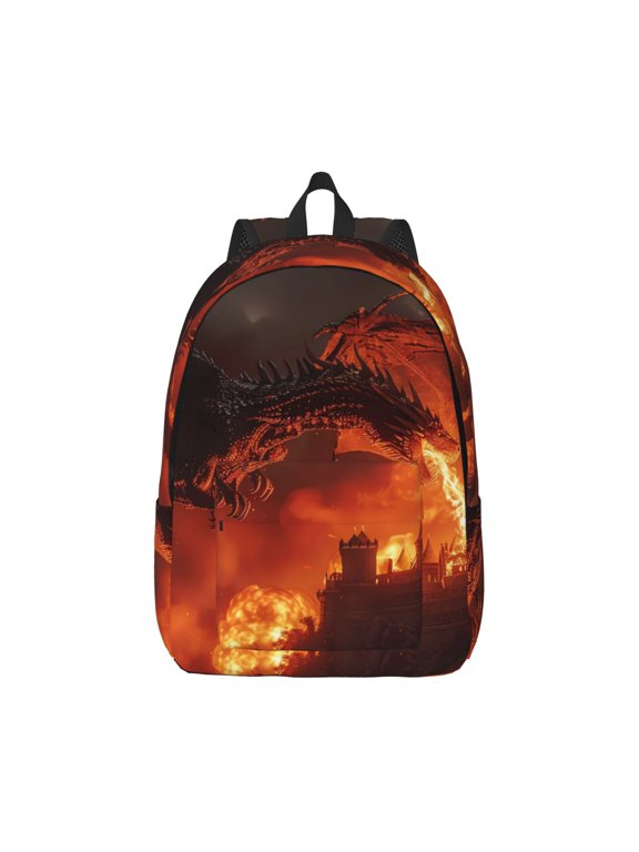 Fiery Dragons Castle Attack Print Canvas College Laptop Backpack, Durable Rucksack Travel Notebook Bag School Backpack Book Bag for Men Women-Small