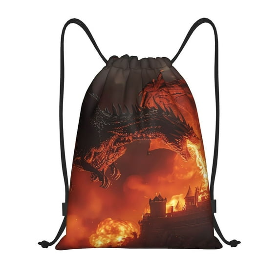 Honeii Fiery Dragons Castle Attack Print Drawstring Backpack,Drawstring Bags String Backpack Gym Cinch Sack Backpack Sport Bag Draw-Medium