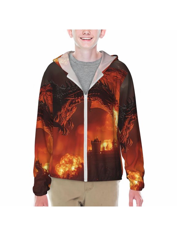 Fiery Dragons Castle Attack Print Sun Protection Jacket Hooded Cooling Shirt with Pockets Hiking Outdoor Performance-Medium