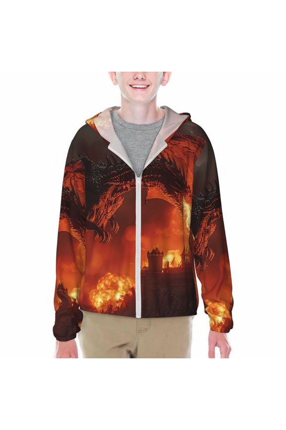 Fiery Dragons Castle Attack Print Sun Protection Jacket Hooded Cooling Shirt with Pockets Hiking Outdoor Performance-Medium