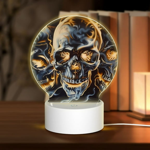 Honeii Fiery Skull Trio Print Acrylic LED Night Lamp,Round Touch-Control Night Light with 3 Lighting Modes,for Bedrooms, Living Rooms, and Gifting