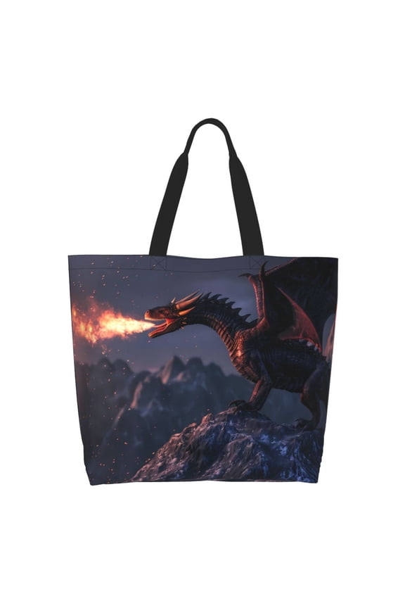 Fire Breathing Dragon Twilight Print Tote Bag for Women, Foldable Tote Bag Large Shoulder Bag Top Handle Handbag for Travel, Work