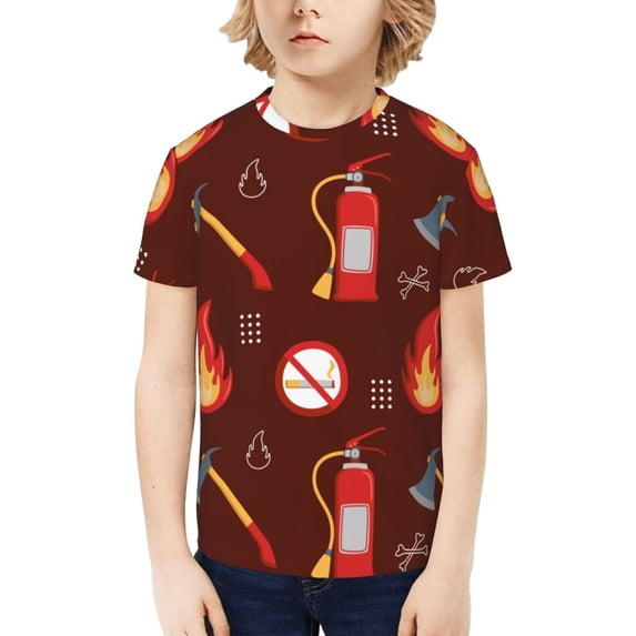 Honeii Fire Extinguisher Print Kids Boy T-Shirt,Breathable Round Neck Tee,Stylish Summer Tee for Boys, for Outdoor Activities and Casual Wear