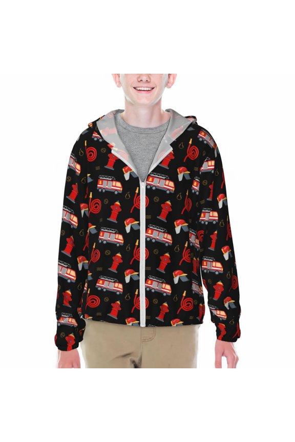 Fire Fighting Print Sun Protection Jacket Hooded Cooling Shirt with Pockets Hiking Outdoor Performance-Small