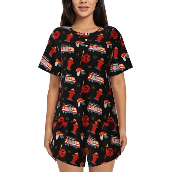 Honeii Fire Fighting for Women's Summer Pajama Set featuring Soft Short Sleeve Shirt & Matching Bottoms with Convenient Pockets for Relaxed Home Wear-X-Large