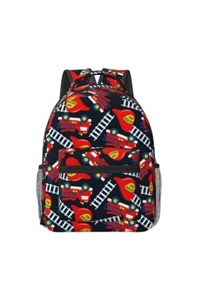 Fire Rescue With Red Helmet And Truck Print Backpack for School,15.6 inch Laptop Back Pack for High School and College Students, Waterproof Computer Bookbag-One Size