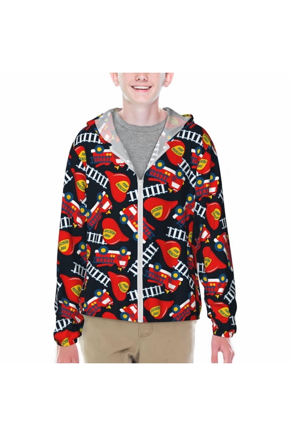 Fire Rescue With Red Helmet And Truck Print Sun Protection Jacket Hooded Cooling Shirt with Pockets Hiking Outdoor Performance-Small
