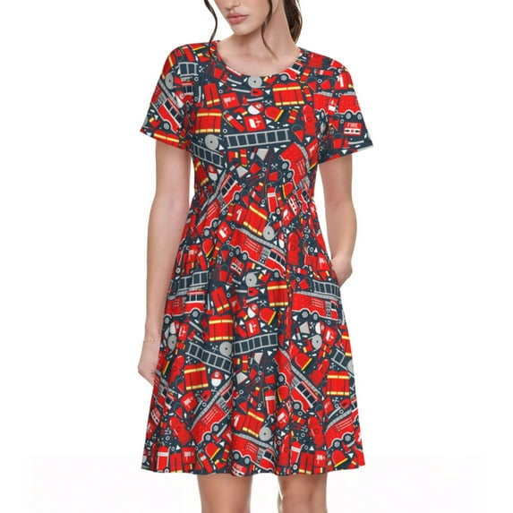 Honeii Fire Sign Print Women’s Short Sleeve Dress, Comfortable Casual Dress, Soft Polyester Spandex Blend, Stylish Everyday Wear for Summer, Perfect for Travel and Vacation