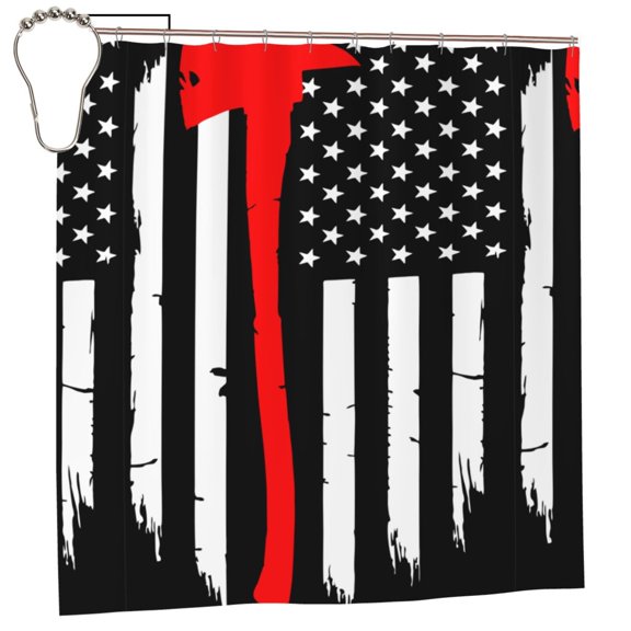 Honeii Firefighters USA Flag Print Shower Curtain 72x72in,Bathroom Curtain,Waterproof Fabric Shower Curtain Set with Hooks