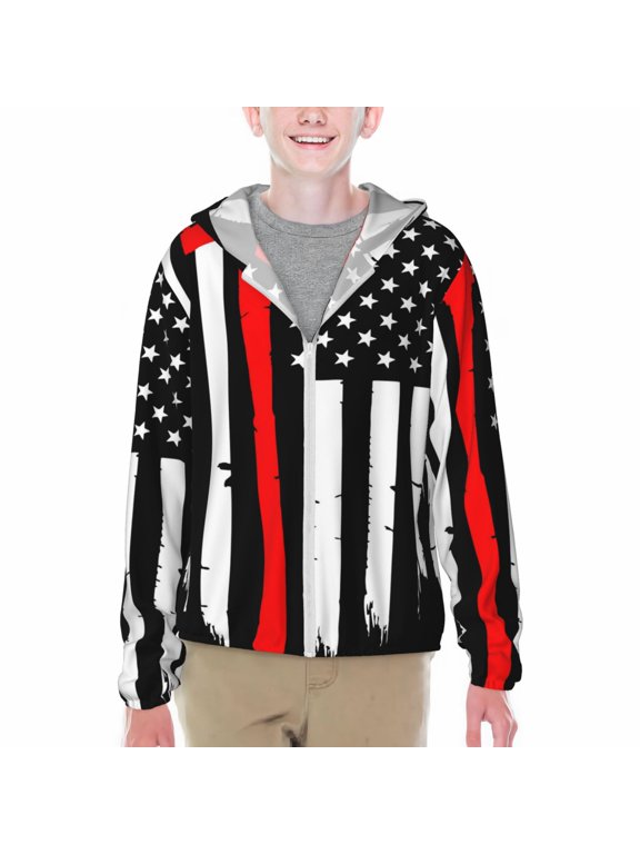 Firefighters USA Flag Print Sun Protection Jacket Hooded Cooling Shirt with Pockets Hiking Outdoor Performance-Large