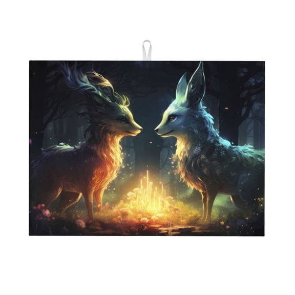 Honeii Firefly Forest Fox print Super Absorbent Coffee Bar Mat Hide Stain Coffee Maker Mat for Countertops Coffee Pot Dish Drying Mat for Kitchen Counter
