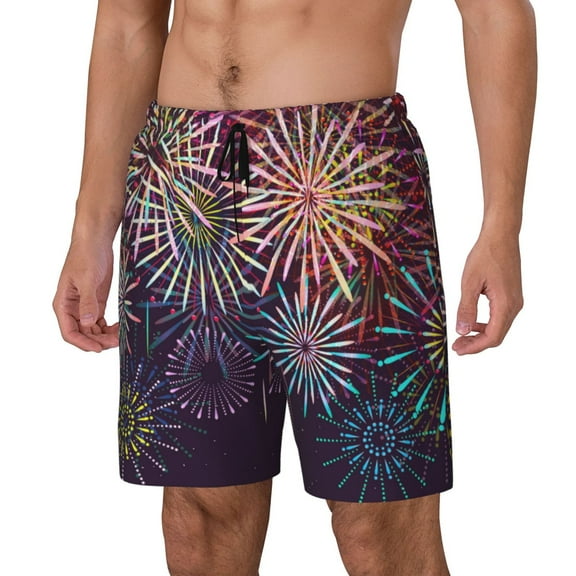 Honeii Fireworks2 Print Men's Swim Shorts,Mens Swim Trunks,Breathable Mesh Beach Shorts for Swimming,Surfing, and Beach Activities-X-Large
