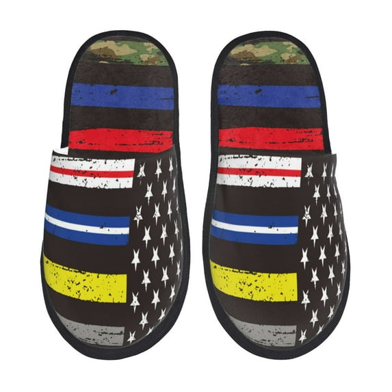 Honeii First Responder American Flag Print Furry Slippers Bedroom Slippers for Women and Men Fuzzy Plush Comfy Faux Fur Lined Slide Shoes -Medium