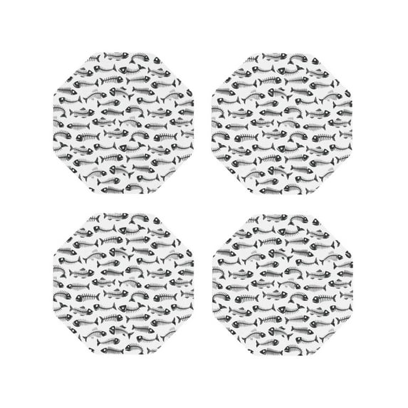 Honeii Fish Bones print Leather Coaster Set of 4, ideal for safeguarding your furniture from drinks spills and effortless cleanup-Octagon