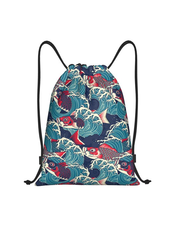 Fish In The Wave Print Drawstring Backpack,Drawstring Bags String Backpack Gym Cinch Sack Backpack Sport Bag Draw-Medium