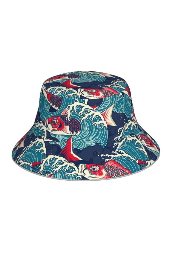 Fish In The Wave for Unisex Bucket Hat Waterproof Rain Hat Reversible Shiny Rave Bucket Hat for Concert Festival Boonie Cap