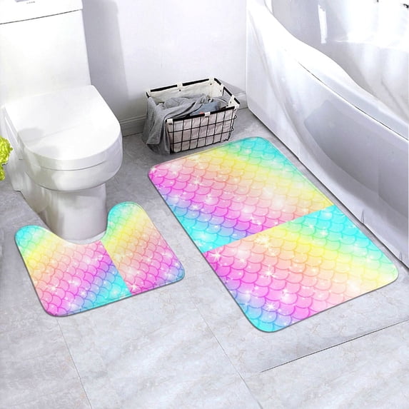 Honeii Fish Scale Pattern Bathroom Anti-Skid Pad Bathroom Mat Vintage Seamless Pattern Not-Slip Toilet Rug Set