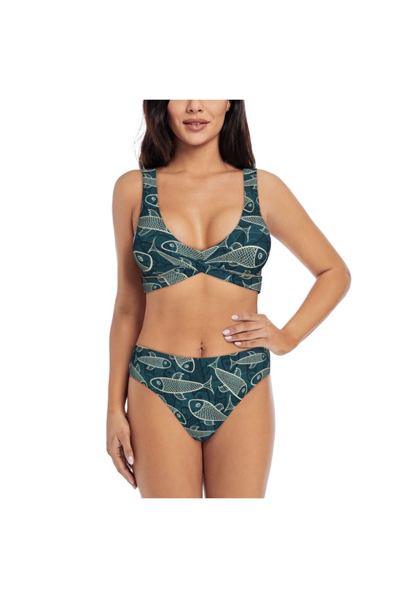 Fish Style Print Women’s Bikini Set,Two Piece Swimsuit Bathing Suits,Stylish High Elasticity Swimwear for Beach and Pool